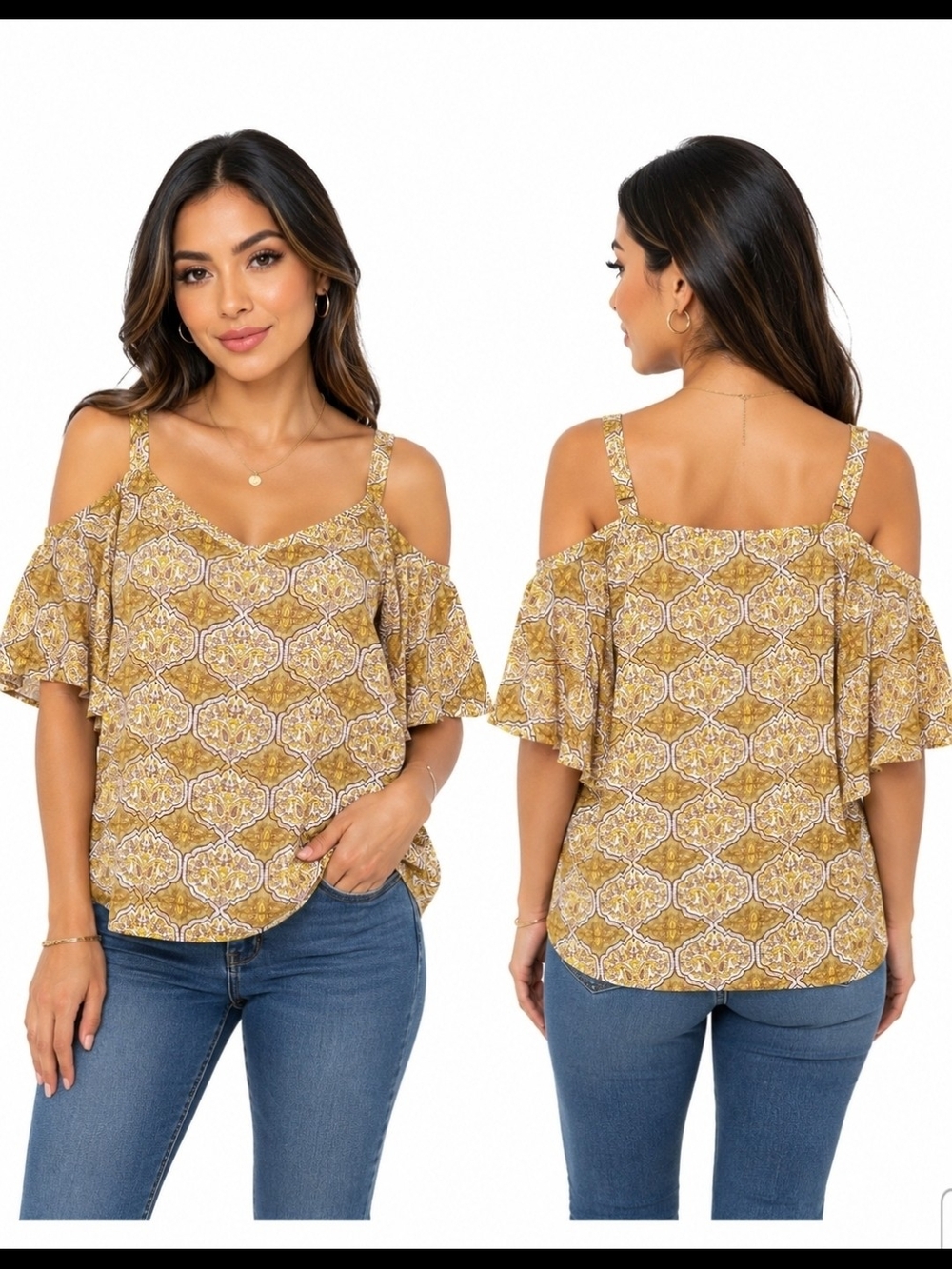 Adrienne Vittadini Mustard Printed Cold-Shoulder Camisole